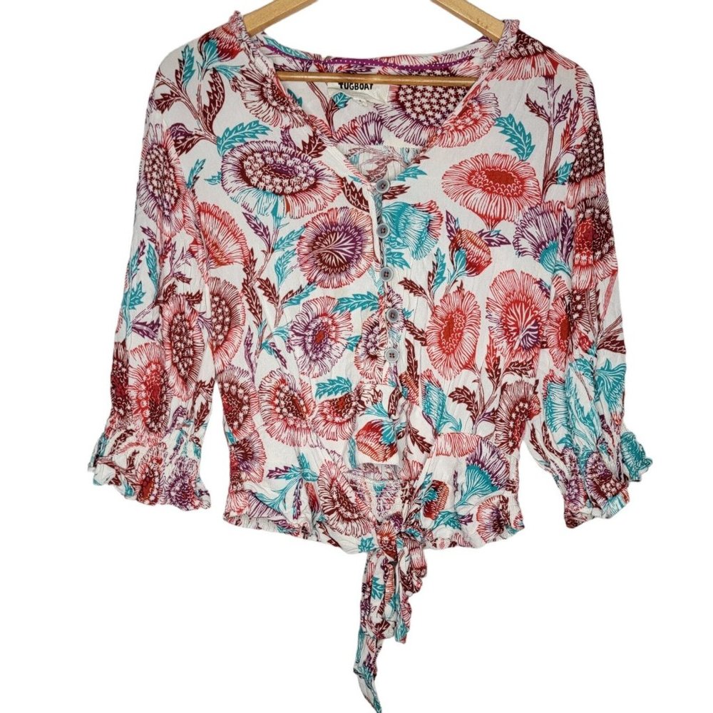 TUGBOAT Anthropologie Small Red /‎ White Floral Button Front Tie Women's Top
